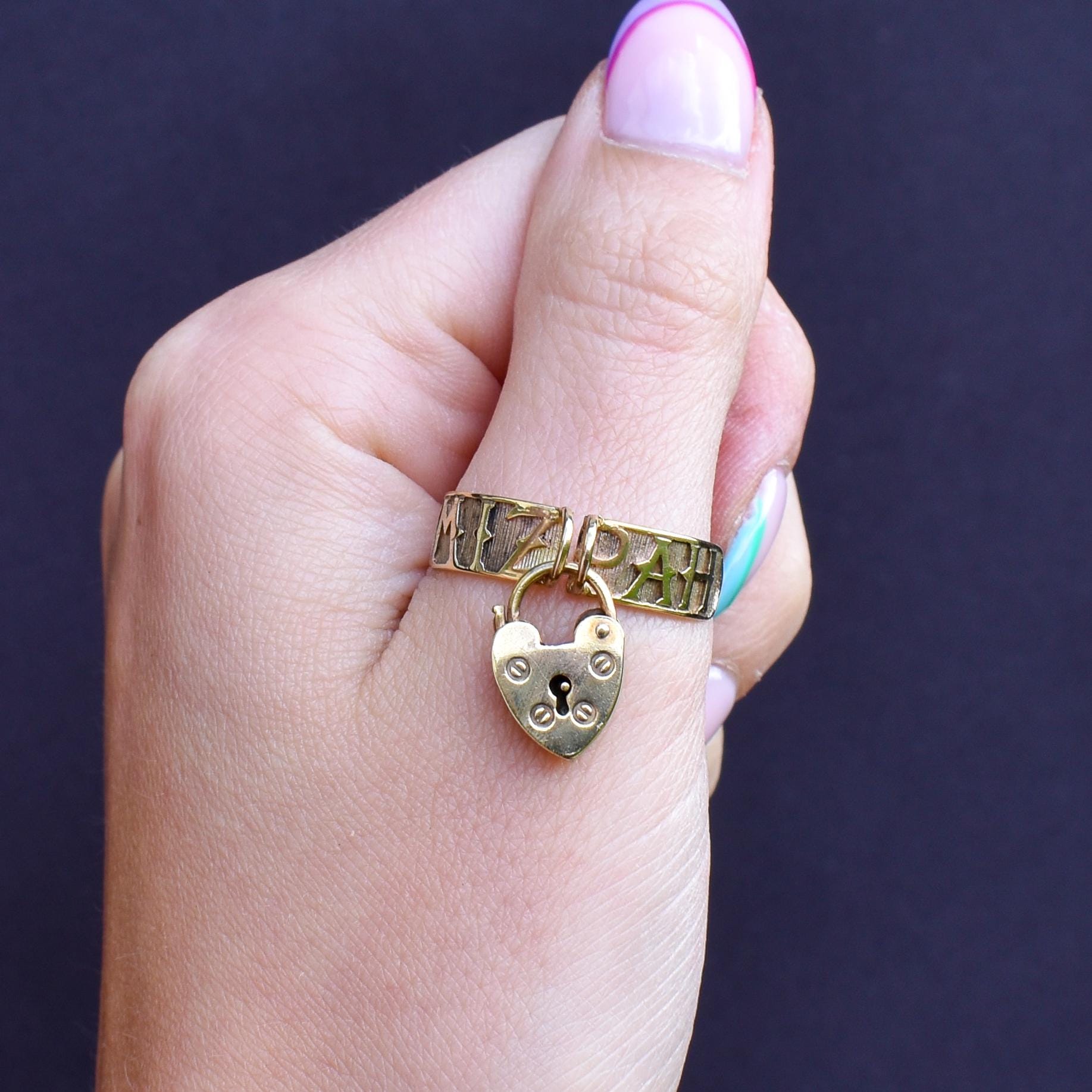 Vintage Heart Padlock Drop 'MIZPAH' 9ct Yellow Gold Band Ring