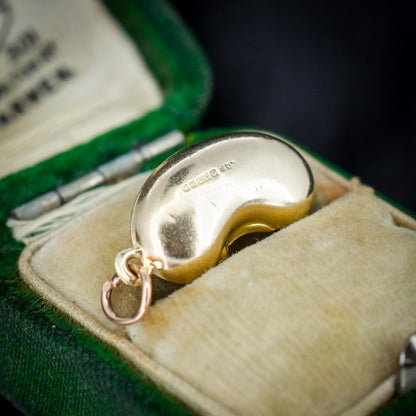 Vintage 9ct Yellow Gold Lucky Bean Charm Pendant | Birimingham 1970