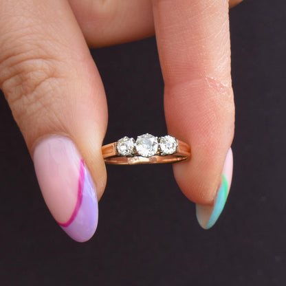 Antique Old Cut Diamond Claw Set Three Stone Trilogy 18ct Gold Ring