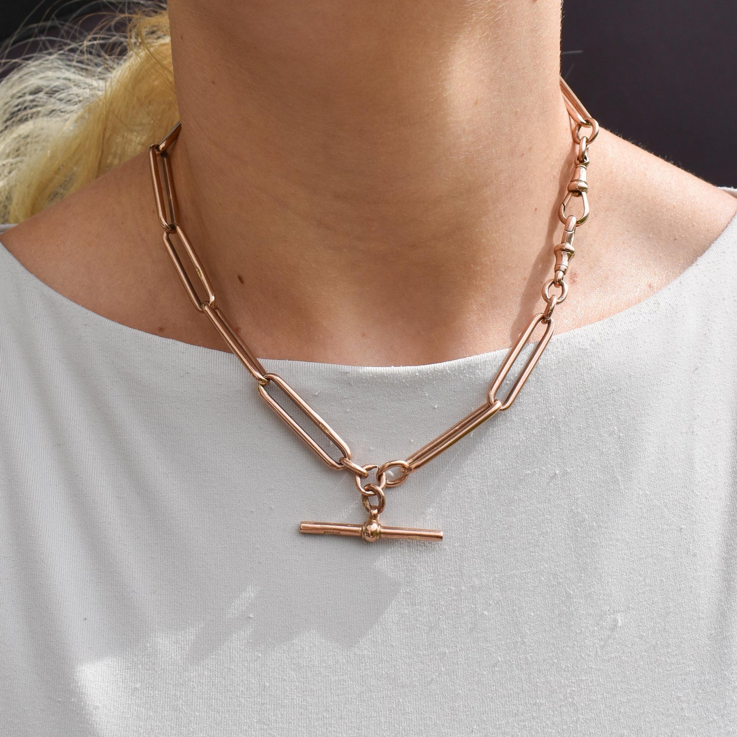Antique 9ct Rose Gold Paperlink Trombone Link Albert Chain Necklace | 16.5"