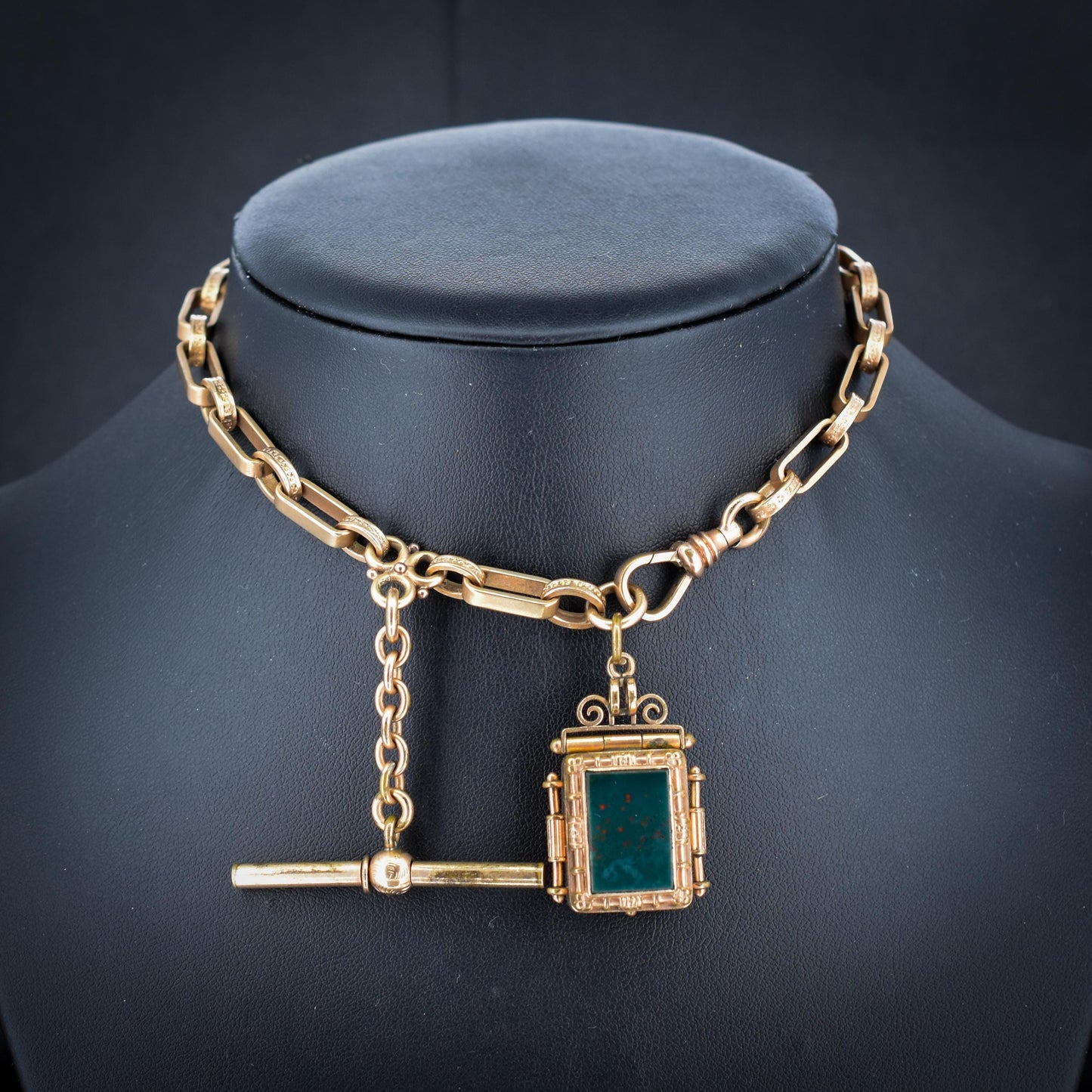Antique Rolled Gold Fancy Watch Chain with Locket Fob and T-Bar | 12.5"