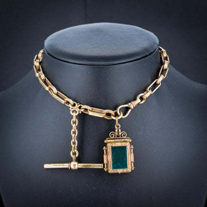 Antique Rolled Gold Fancy Watch Chain with Locket Fob and T-Bar | 12.5"