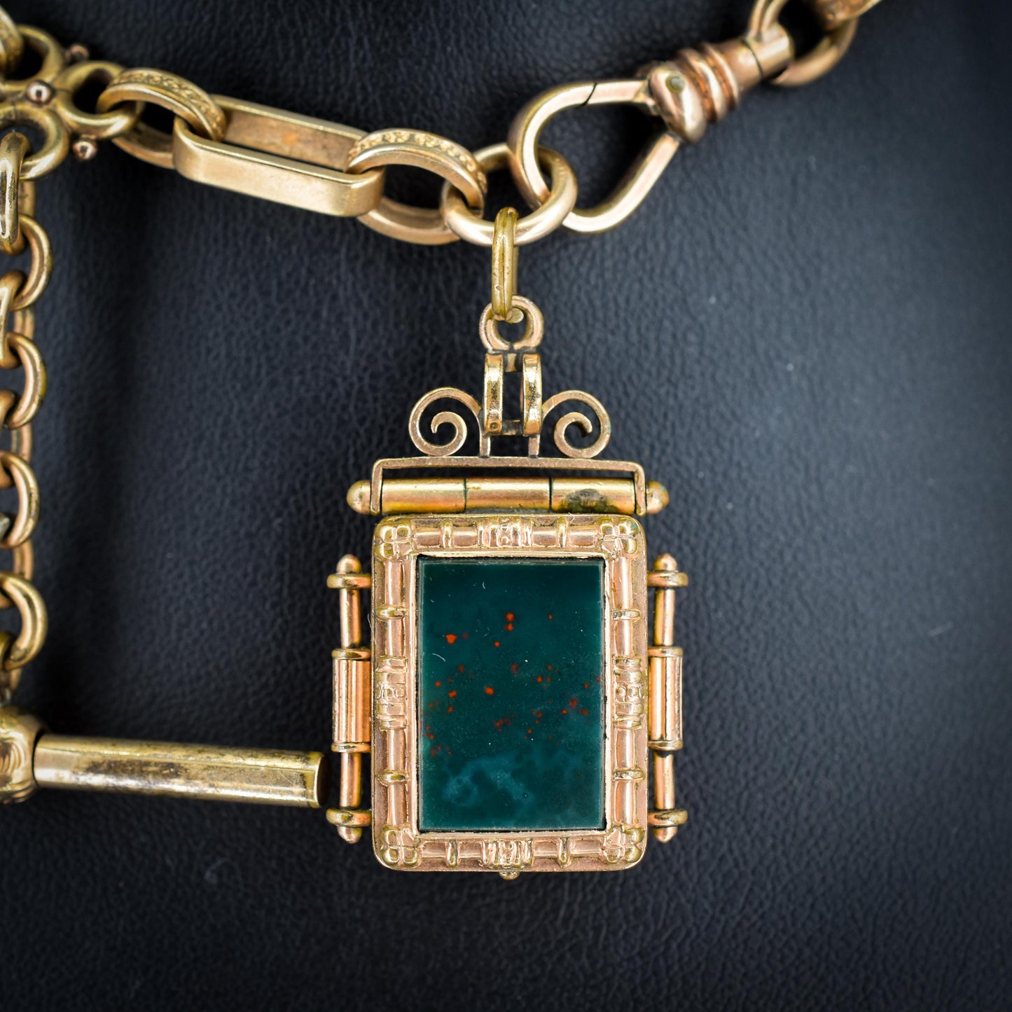 Antique Rolled Gold Fancy Watch Chain with Locket Fob and T-Bar | 12.5"