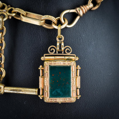 Antique Rolled Gold Fancy Watch Chain with Locket Fob and T-Bar | 12.5"