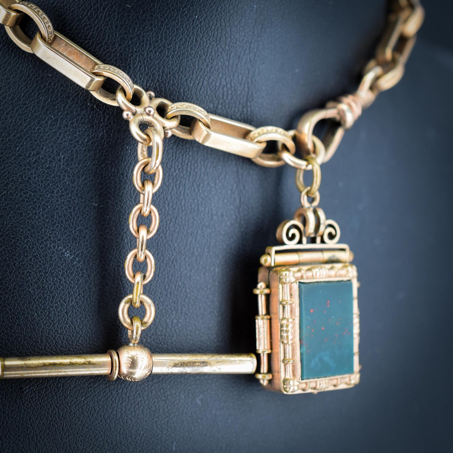 Antique Rolled Gold Fancy Watch Chain with Locket Fob and T-Bar | 12.5"