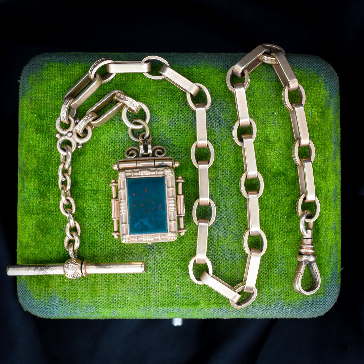 Antique Rolled Gold Fancy Watch Chain with Locket Fob and T-Bar | 12.5"