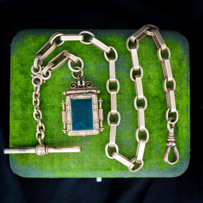 Antique Rolled Gold Fancy Watch Chain with Locket Fob and T-Bar | 12.5"