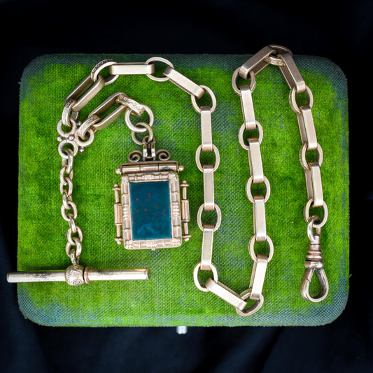Antique Rolled Gold Fancy Watch Chain with Locket Fob and T-Bar | 12.5"