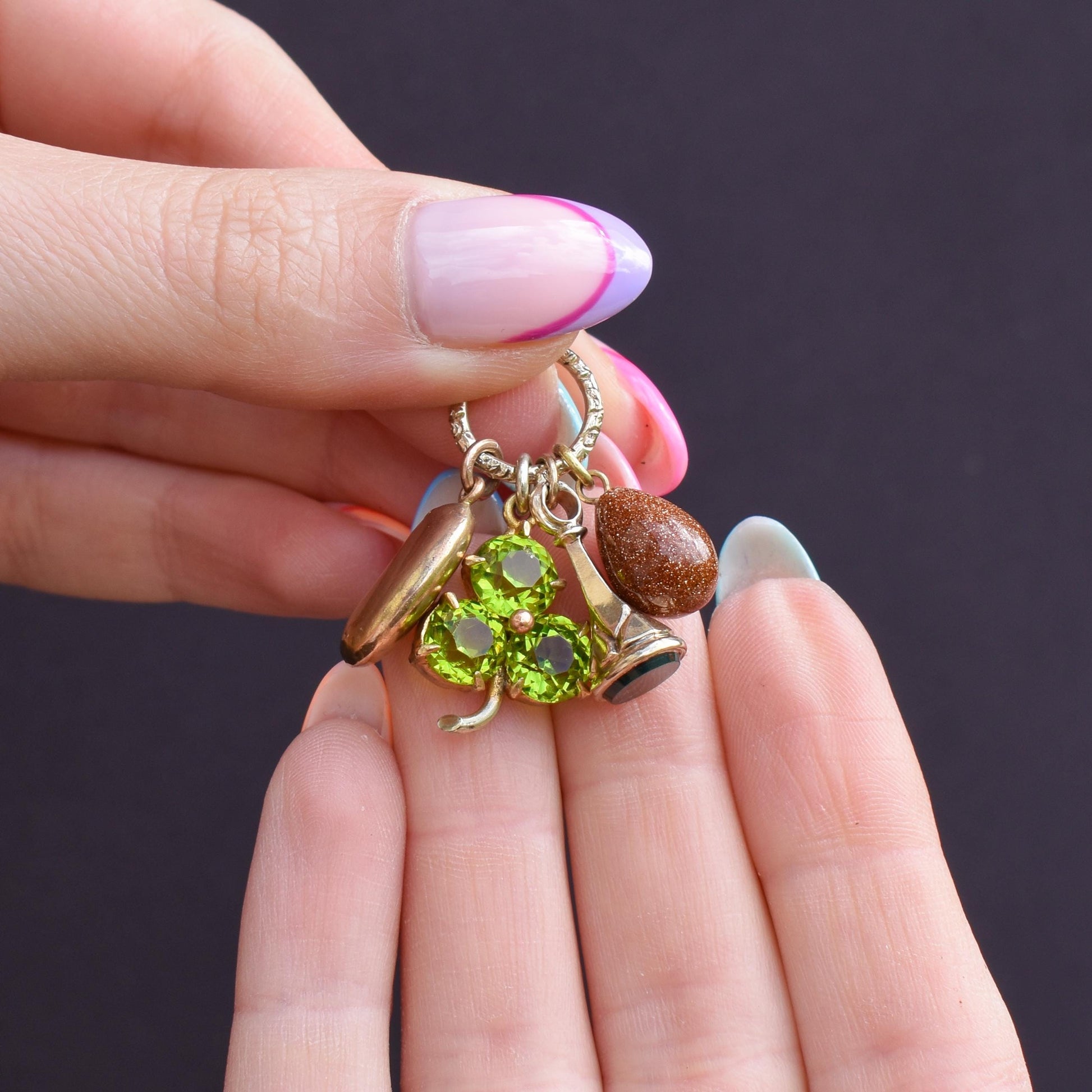 Antique Gold Lucky Charms on Engraved Split Ring
