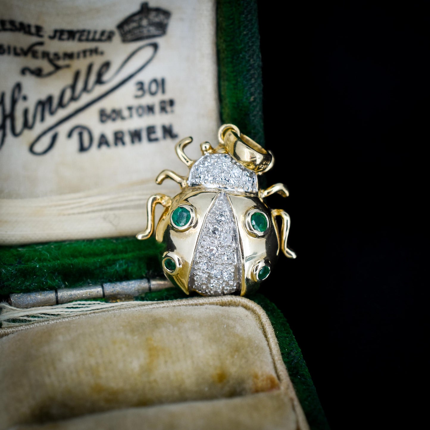 Emerald and Diamond Yellow Gold Ladybird Ladybug Beetle Pendant Charm