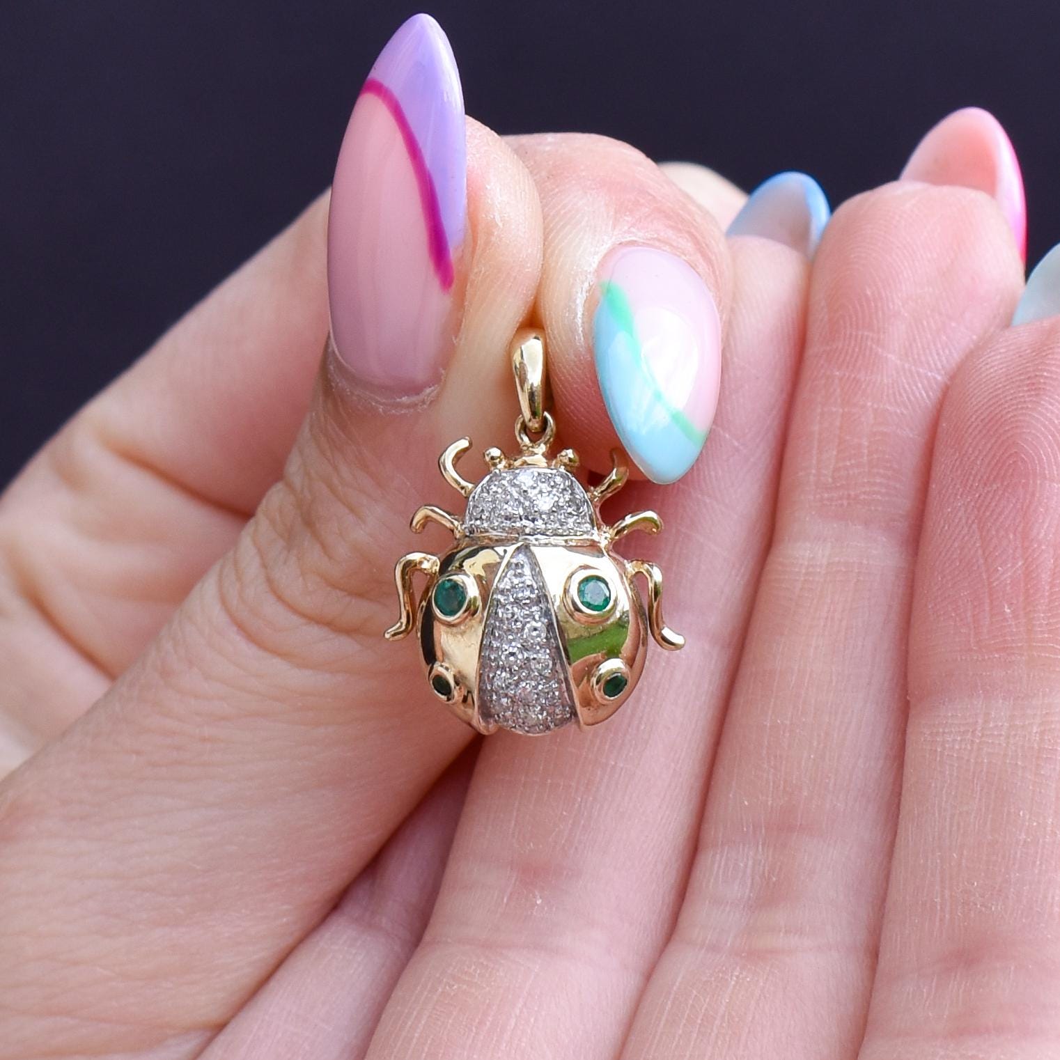 Emerald and Diamond Yellow Gold Ladybird Ladybug Beetle Pendant Charm
