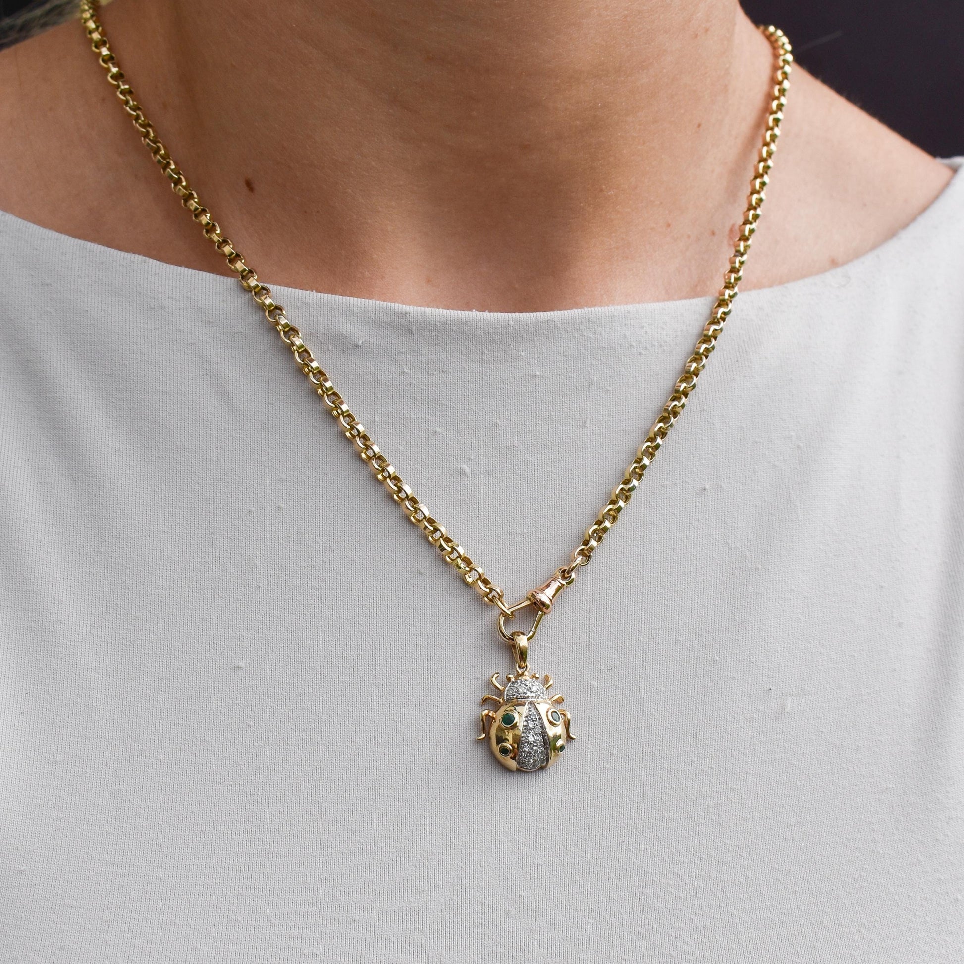 Emerald and Diamond Yellow Gold Ladybird Ladybug Beetle Pendant Charm