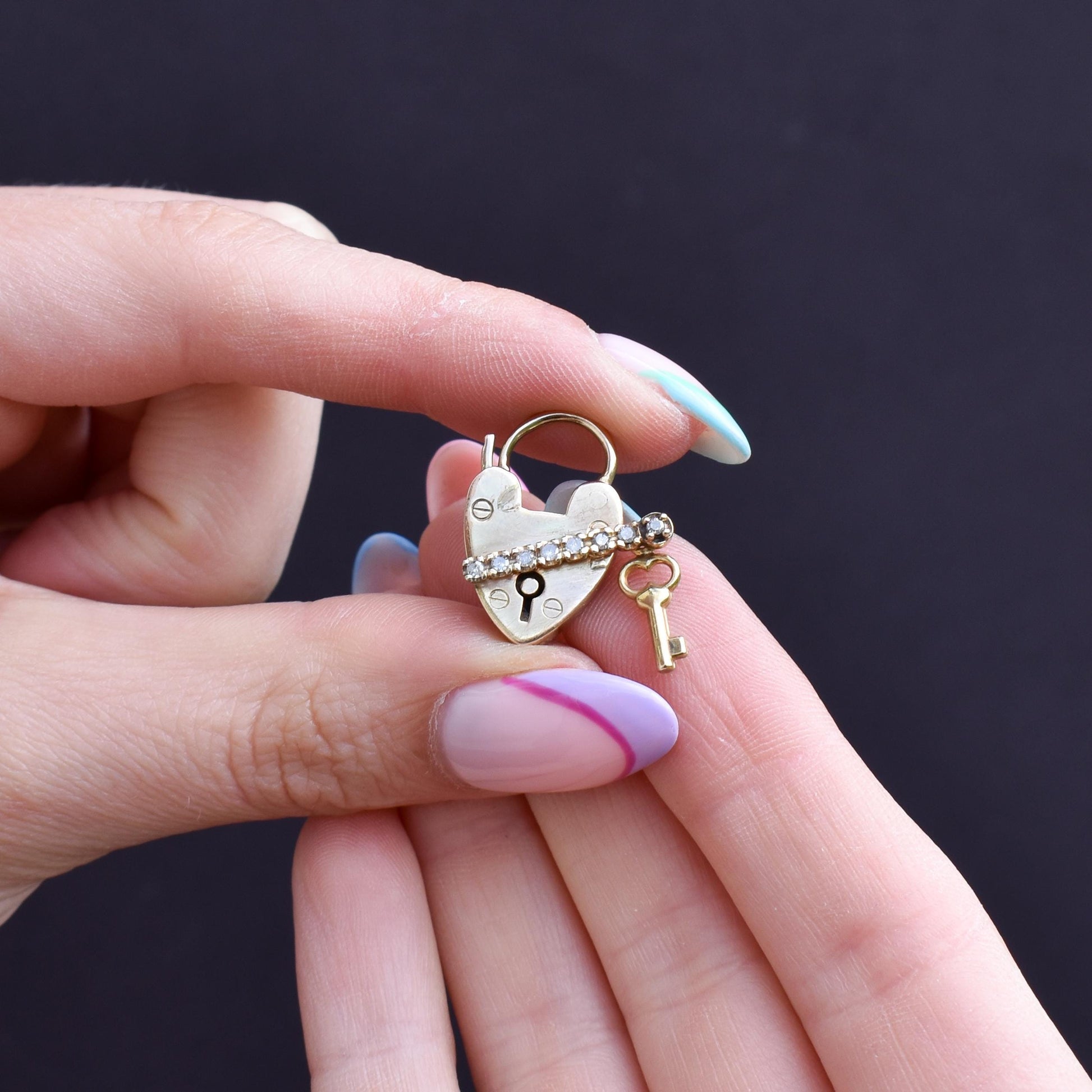 Antique 9ct Yellow Gold Diamond Heart Padlock and Key Charm Pendant