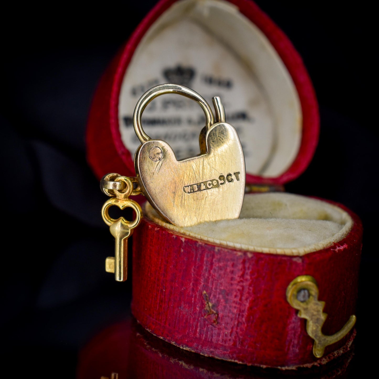 Antique 9ct Yellow Gold Diamond Heart Padlock and Key Charm Pendant