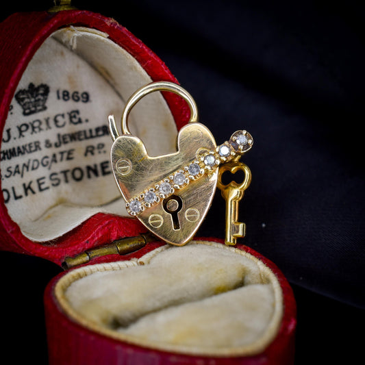 Antique 9ct Yellow Gold Diamond Heart Padlock and Key Charm Pendant