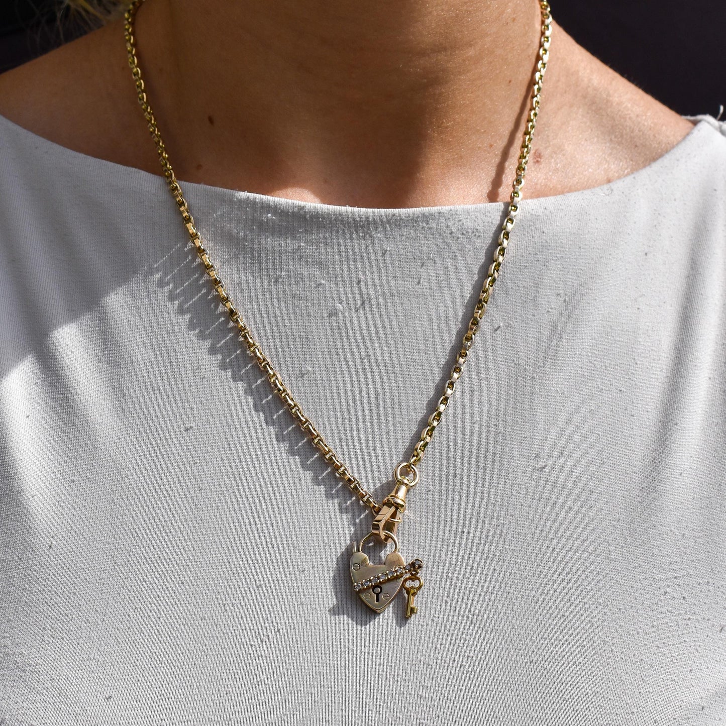 Antique 9ct Yellow Gold Diamond Heart Padlock and Key Charm Pendant
