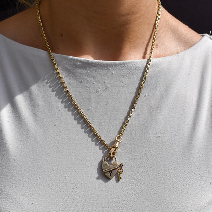 Antique 9ct Yellow Gold Diamond Heart Padlock and Key Charm Pendant