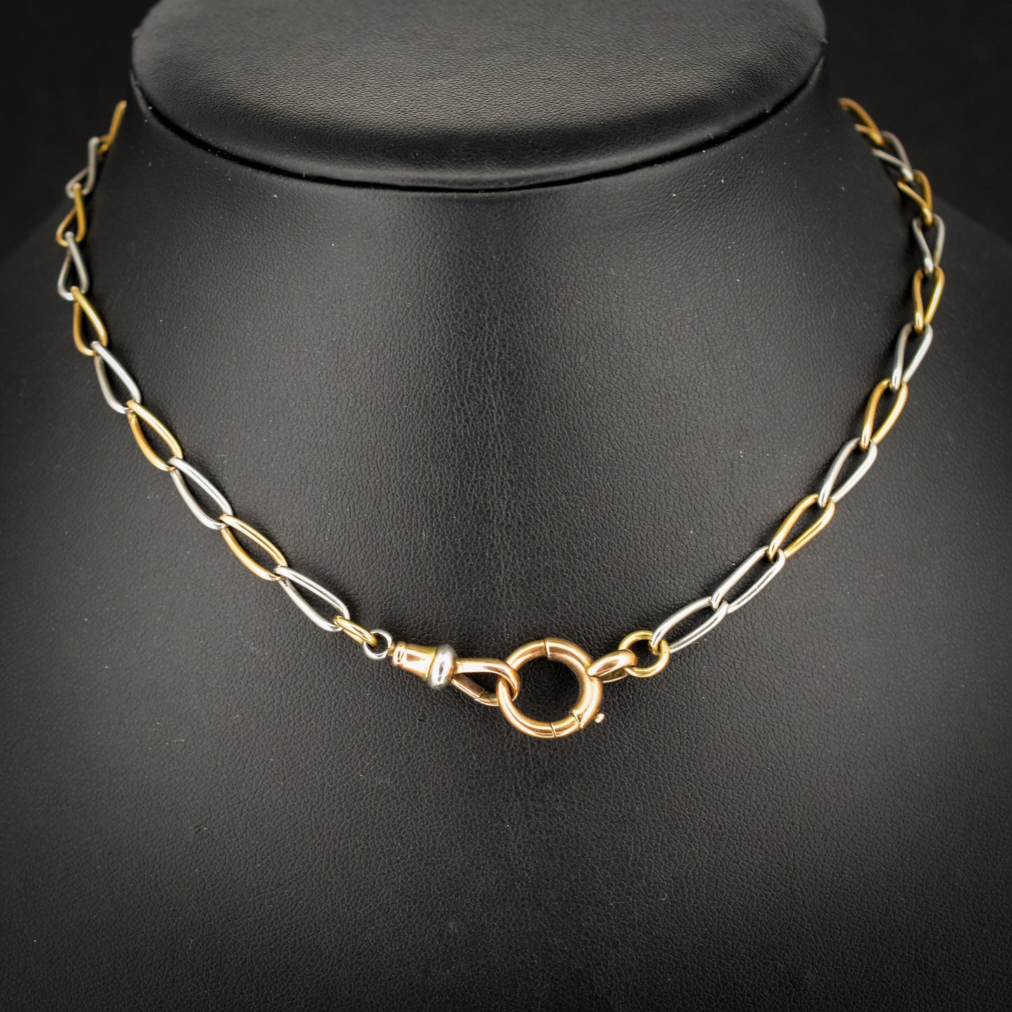 Antique 15ct Gold and Platinum Chain with Dog Clip and Bolt Ring | 13.75"