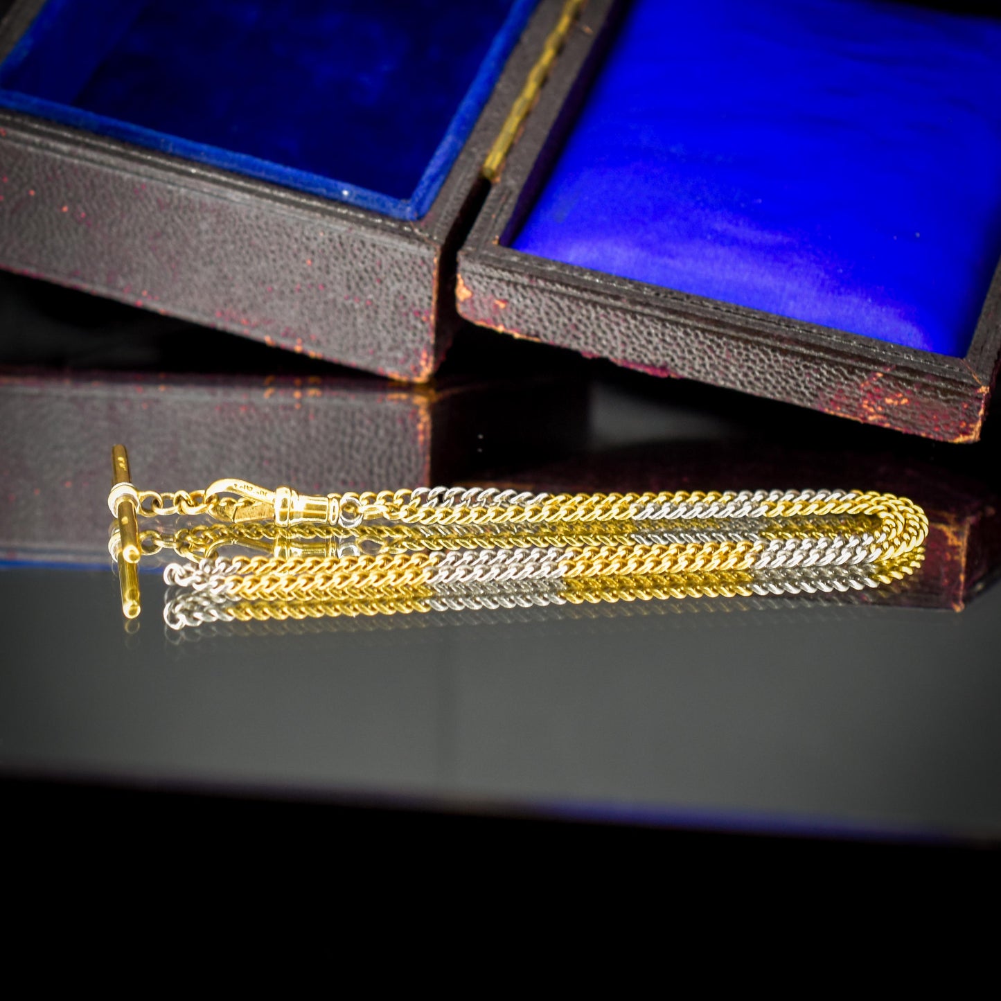 Antique 18ct Gold and Platinum Watch Chain Necklace with Dog Clip and T-bar 14"