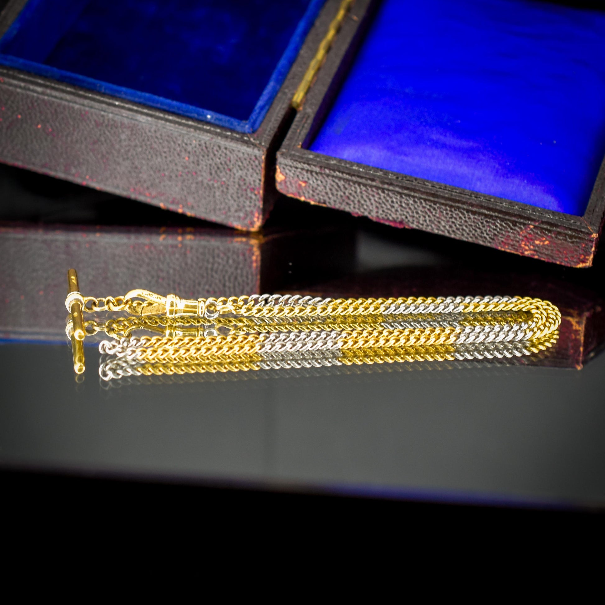 Antique 18ct Gold and Platinum Watch Chain Necklace with Dog Clip and T-bar 14"