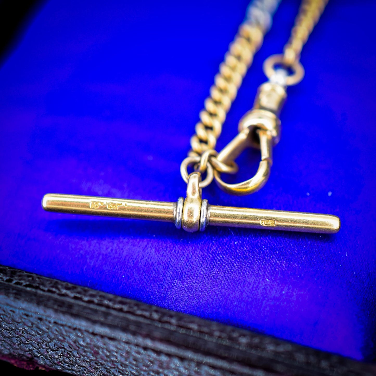 Antique 18ct Gold and Platinum Watch Chain Necklace with Dog Clip and T-bar 14"