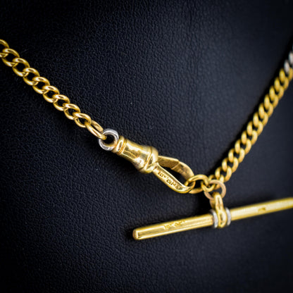 Antique 18ct Gold and Platinum Watch Chain Necklace with Dog Clip and T-bar 14"
