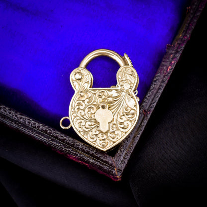 Vintage 9ct Yellow Gold Engraved Lock and Key Padlock Charm