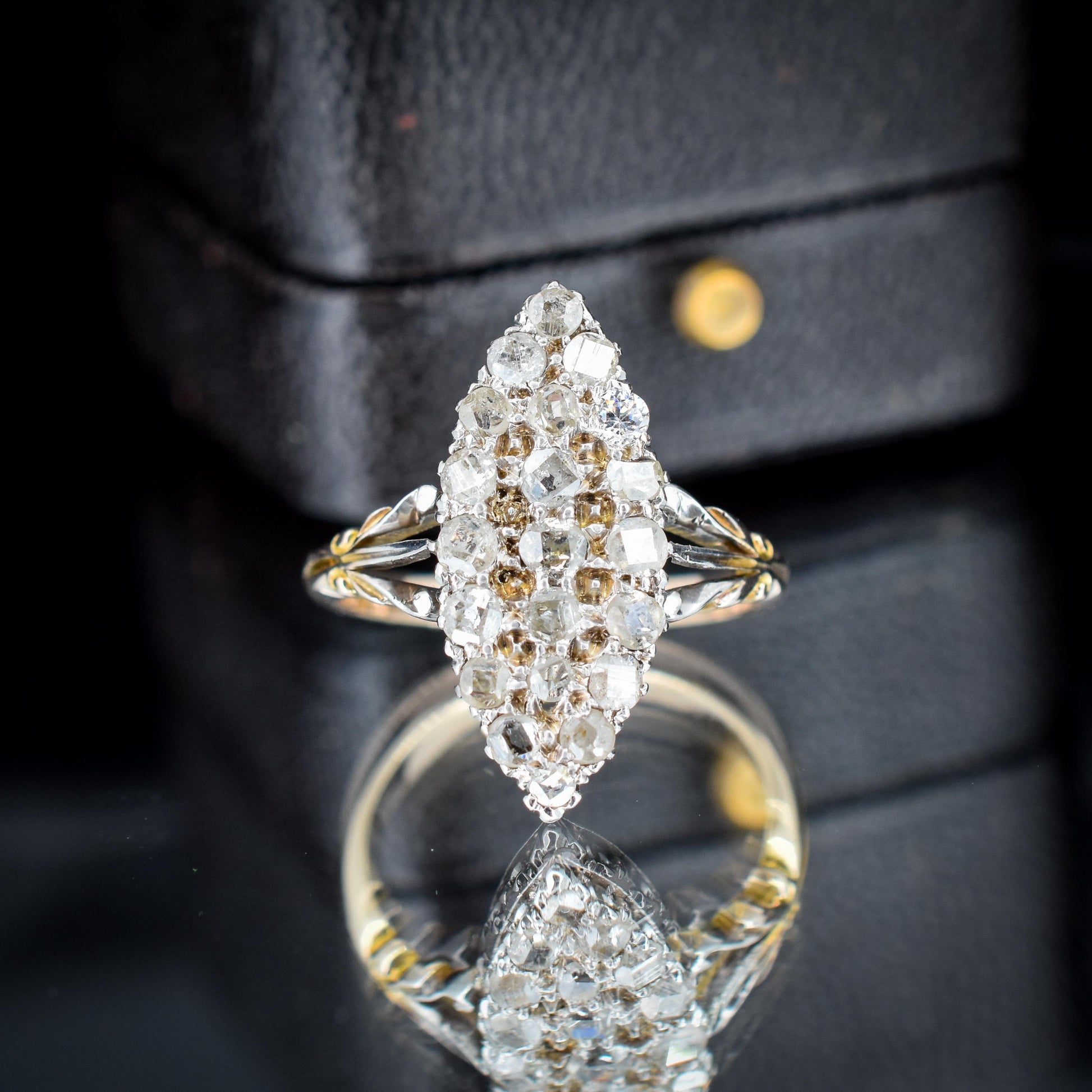 Antique Victorian Old Cut Diamond Navette 18ct Gold Ring