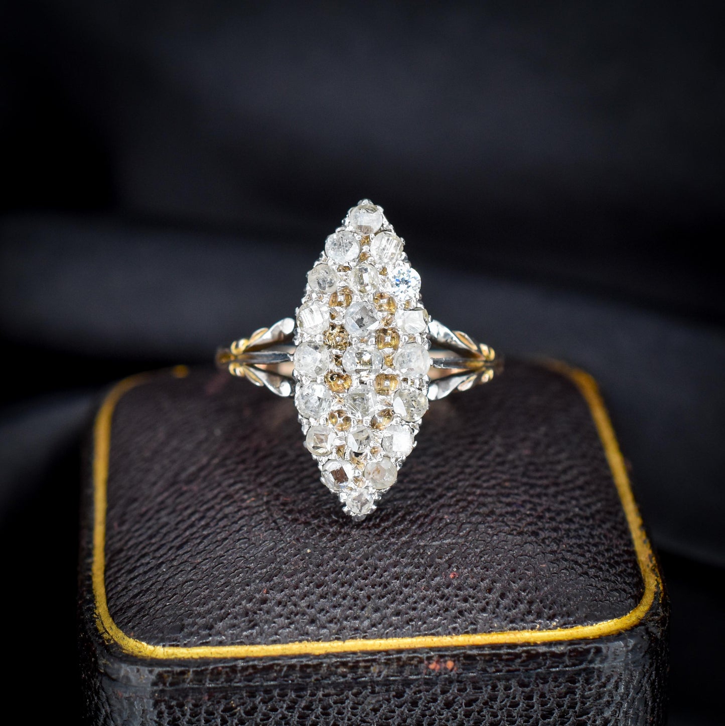 Antique Victorian Old Cut Diamond Navette 18ct Gold Ring