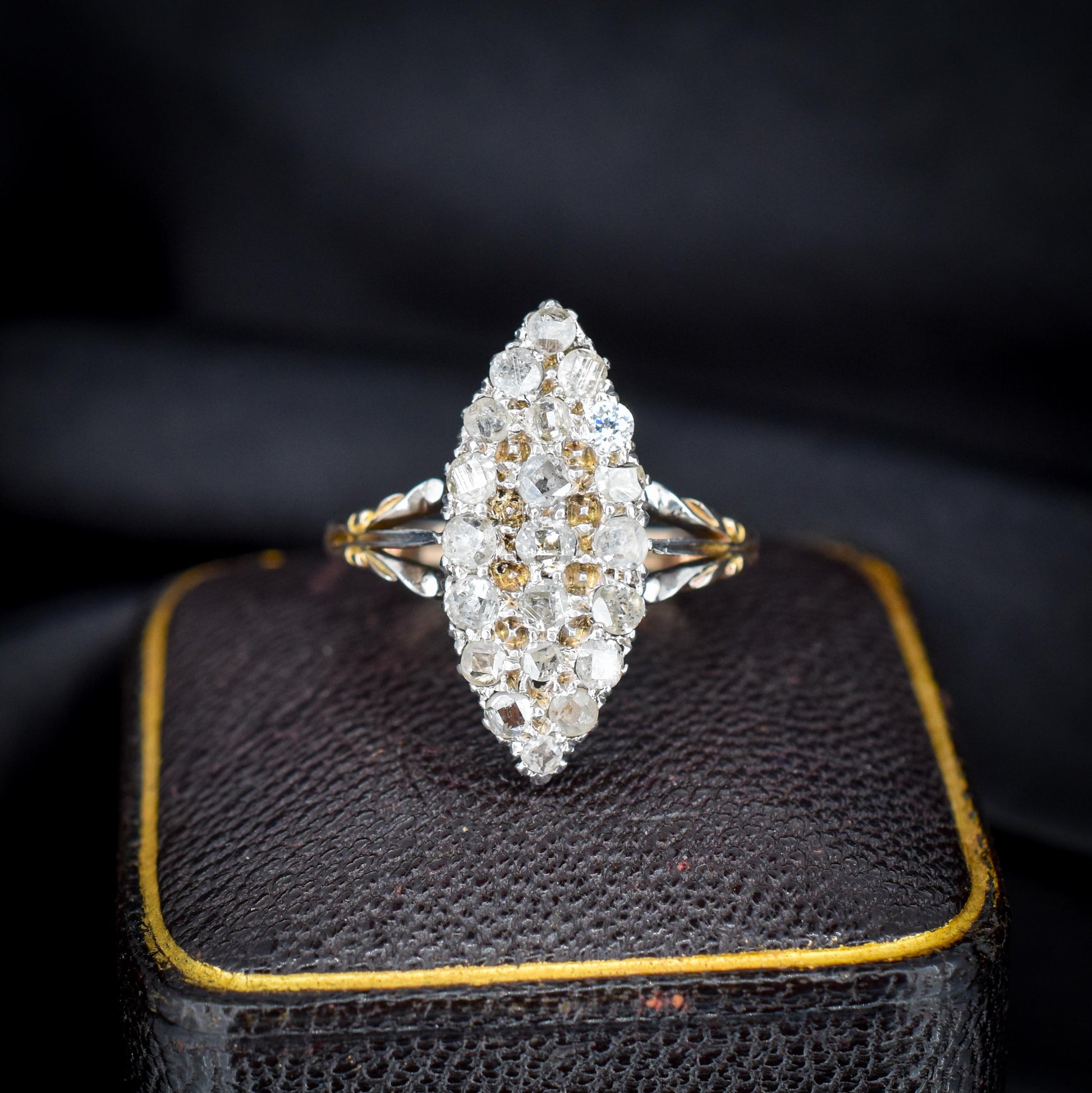 Antique Victorian Old Cut Diamond Navette 18ct Gold Ring