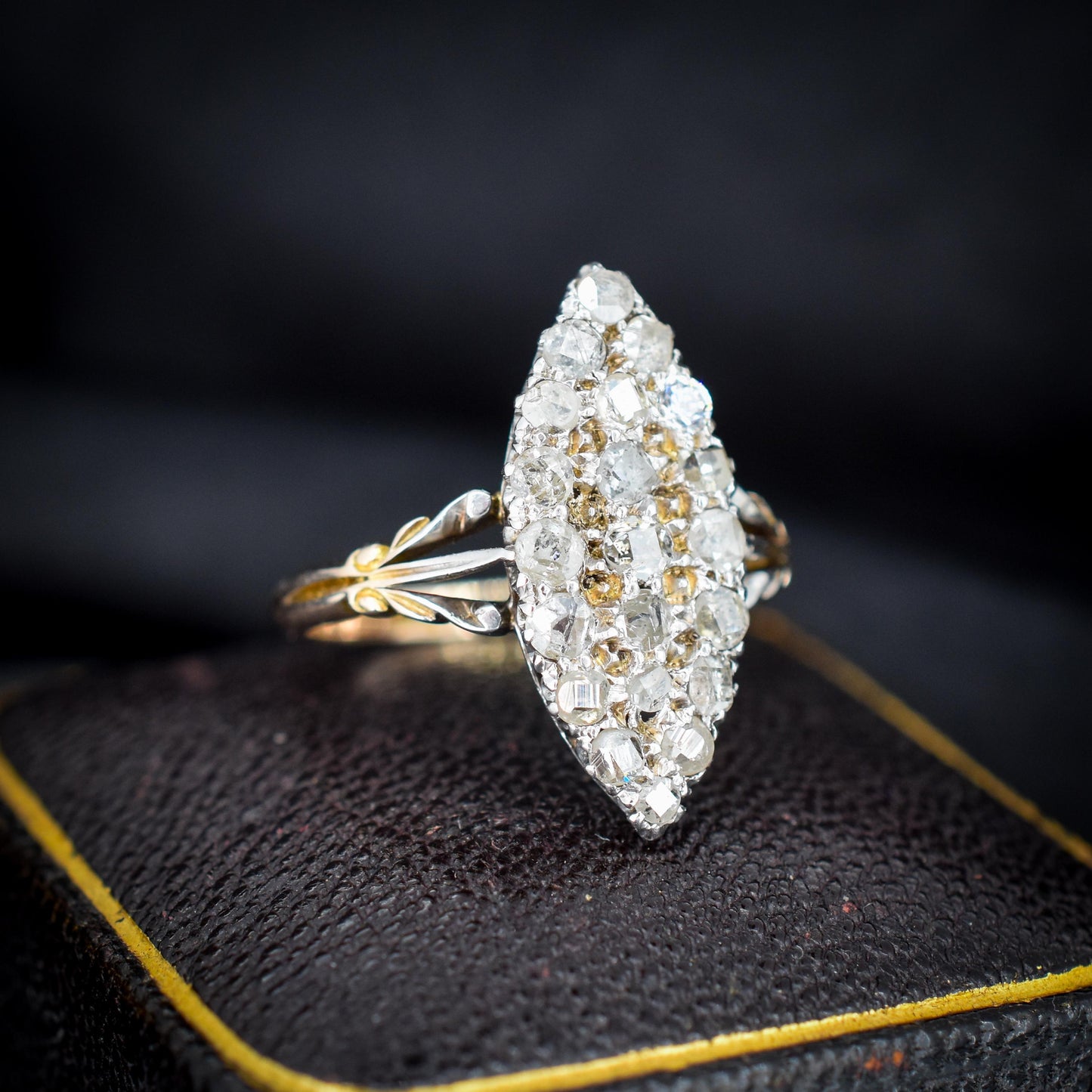 Antique Victorian Old Cut Diamond Navette 18ct Gold Ring