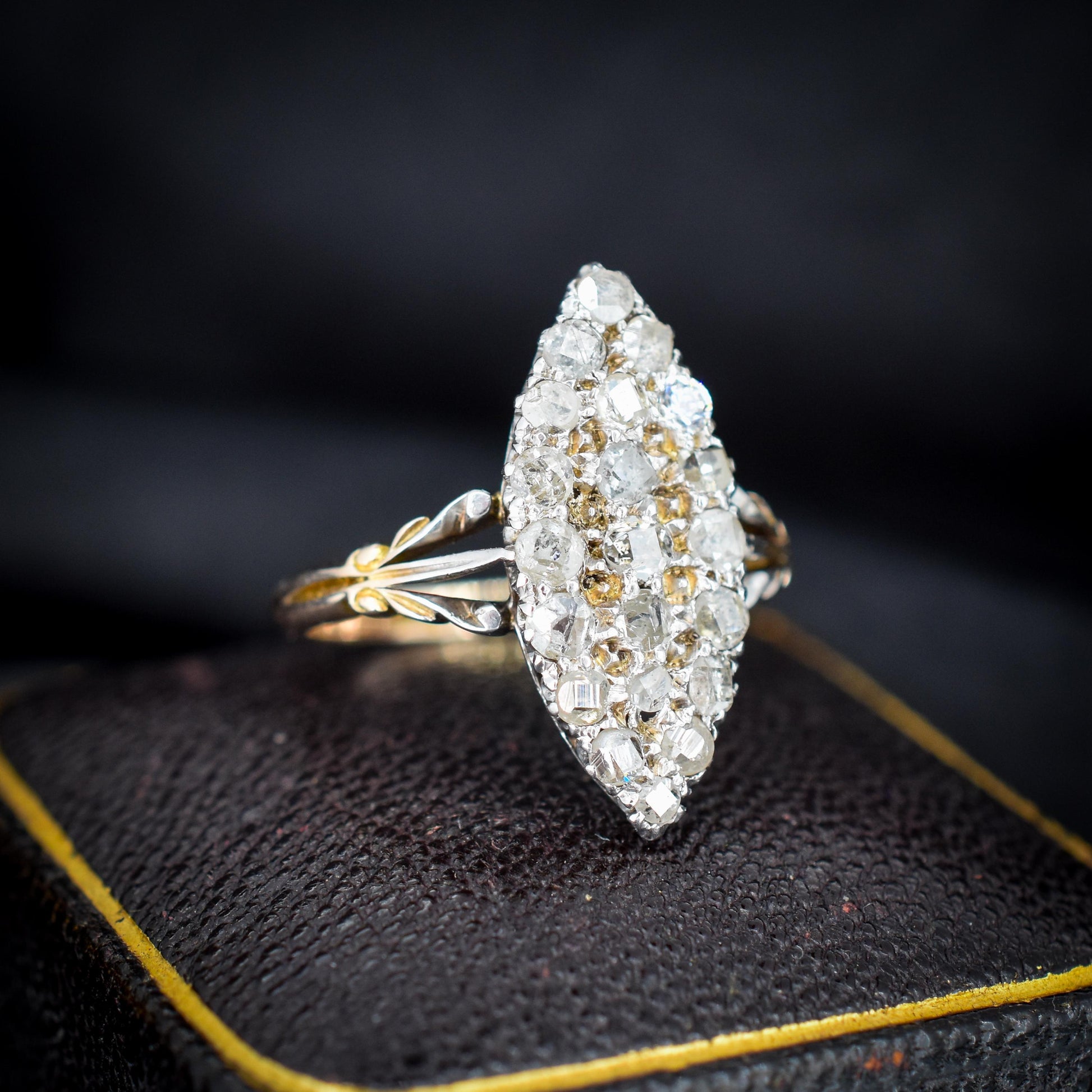 Antique Victorian Old Cut Diamond Navette 18ct Gold Ring