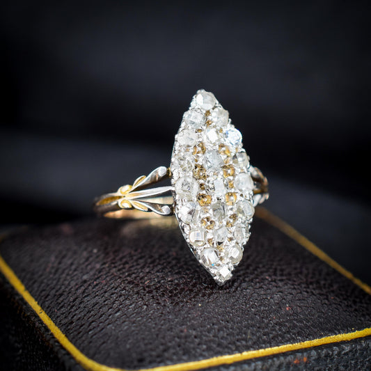 Antique Victorian Old Cut Diamond Navette 18ct Gold Ring