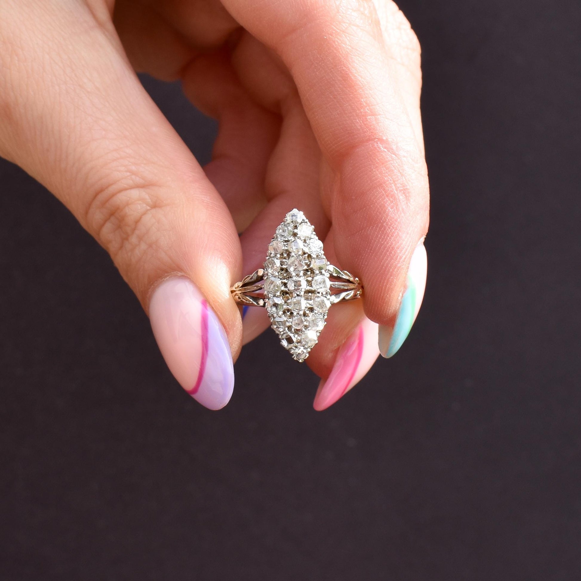 Antique Victorian Old Cut Diamond Navette 18ct Gold Ring