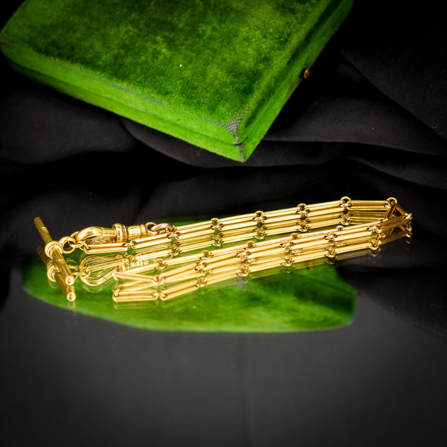 Antique 18ct Yellow Gold Fancy Link Watch Chain with Dog Clip and T-bar | 12.5"