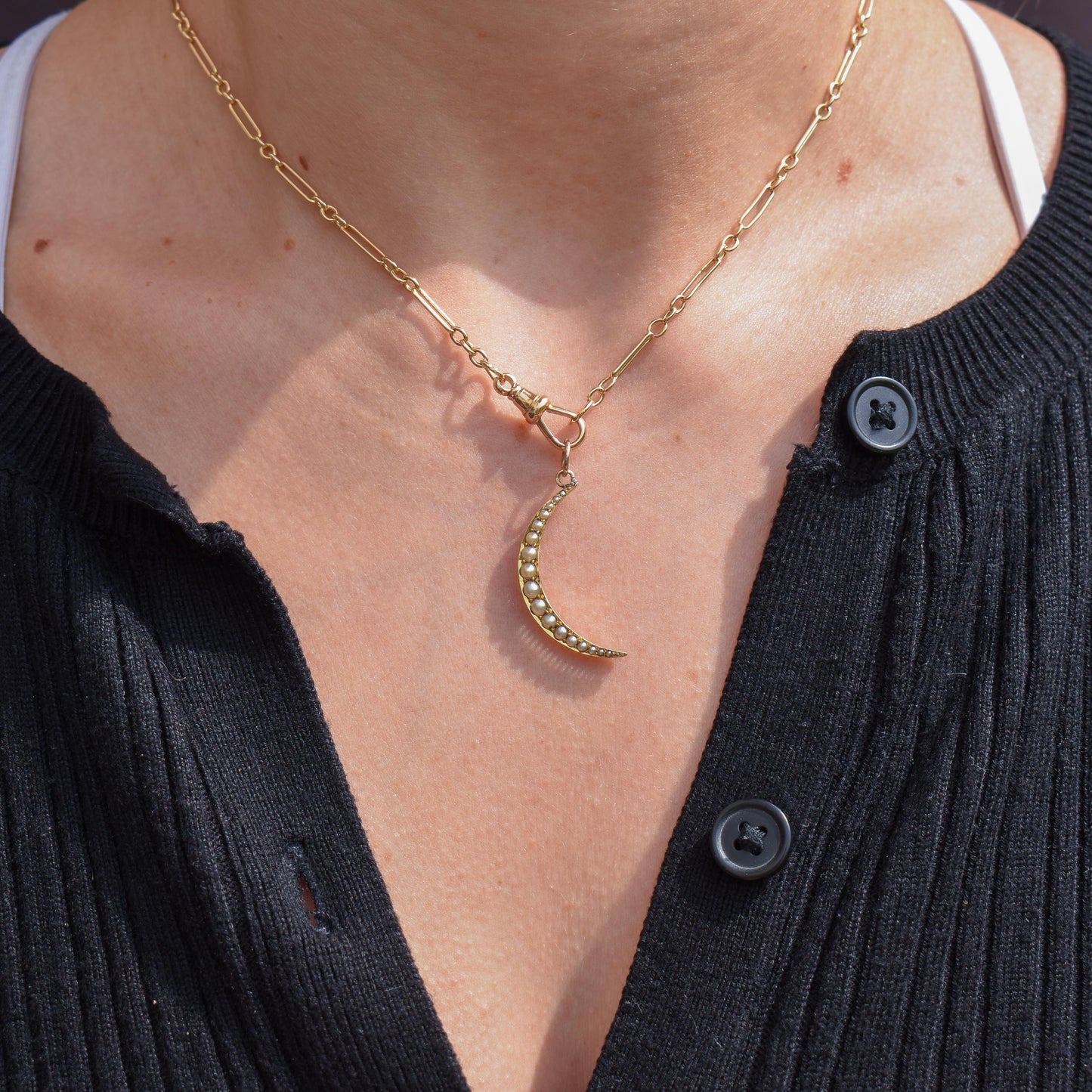 Antique 15ct Gold Pearl Crescent Moon Pendant
