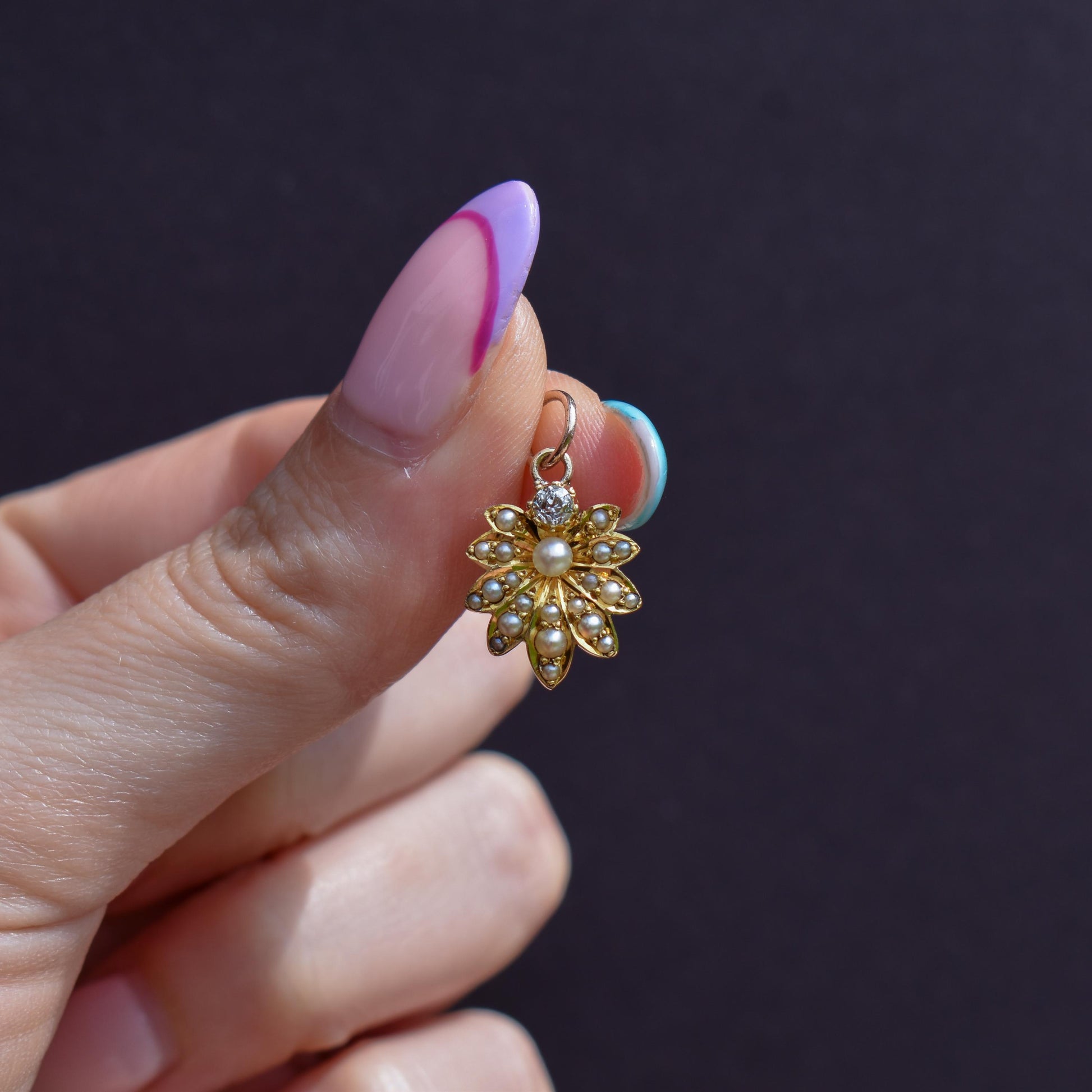Antique 15ct Gold Pearl and Diamond Flower Pendant