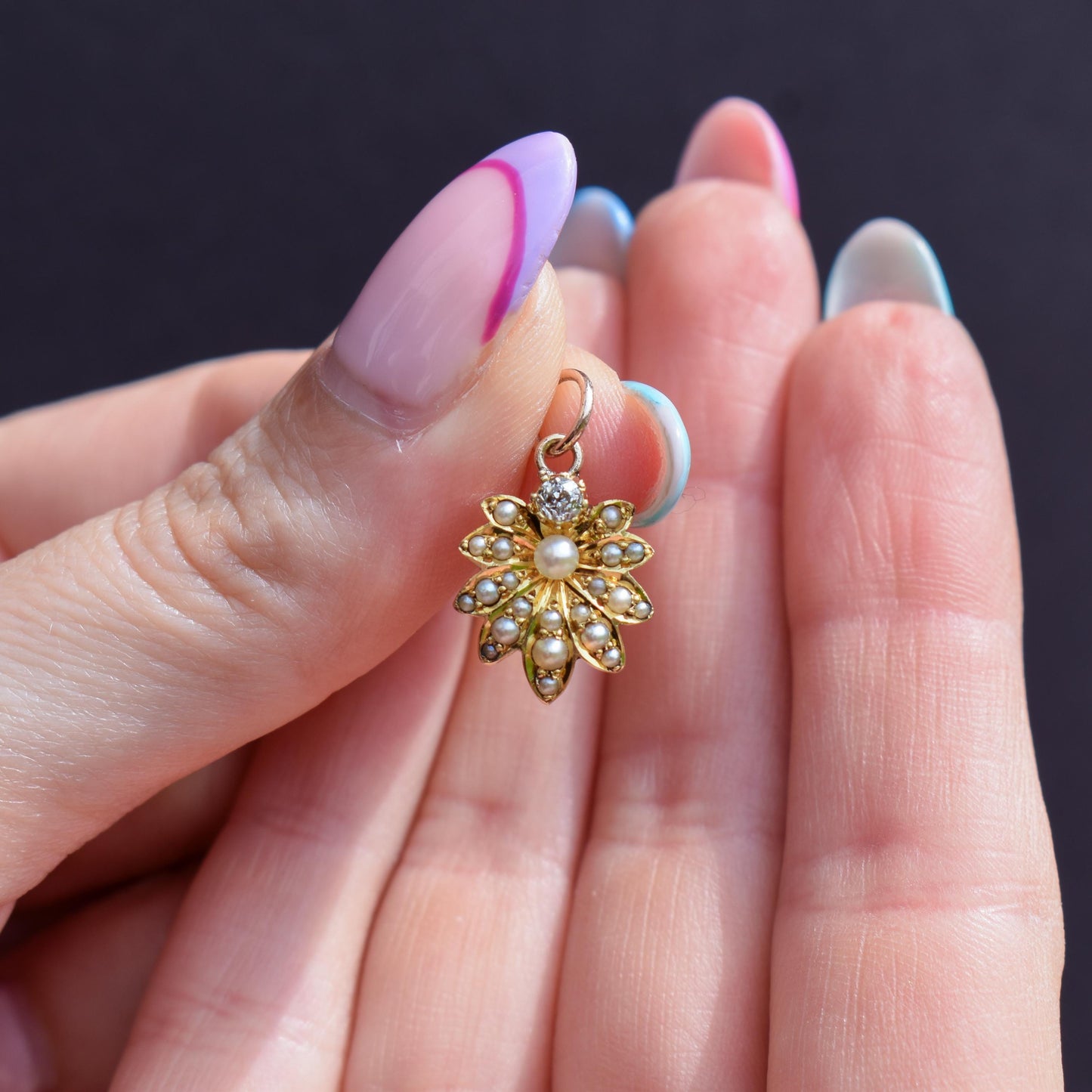 Antique 15ct Gold Pearl and Diamond Flower Pendant