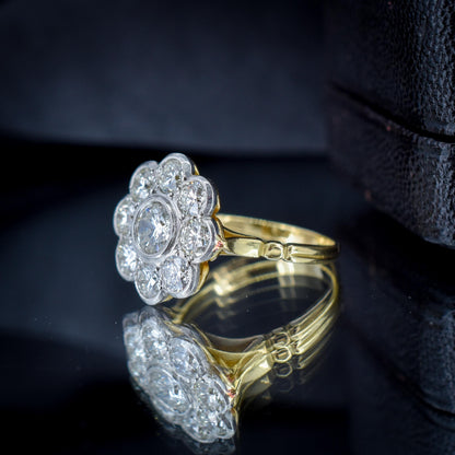 2.0ct Diamond Daisy Cluster Halo 18ct Yellow Gold and Platinum Ring | Antique Style