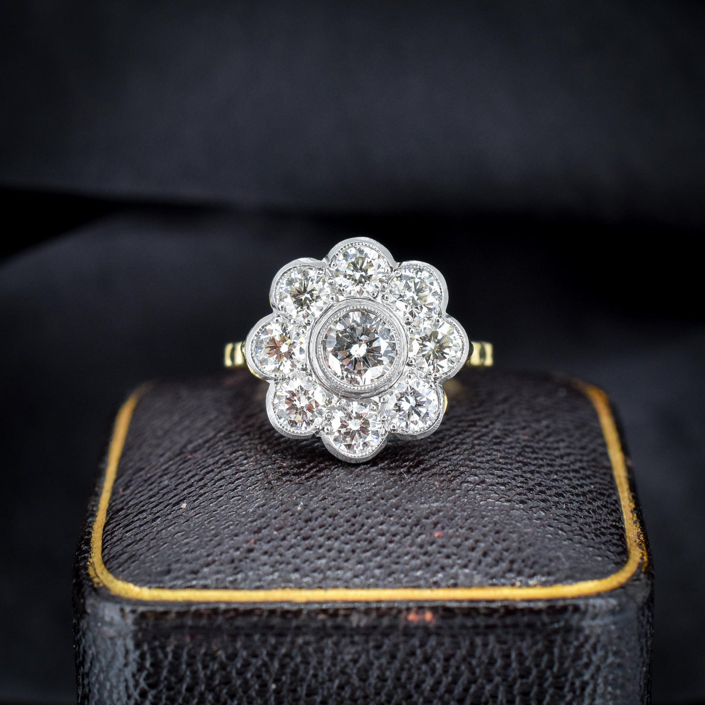 2.0ct Diamond Daisy Cluster Halo 18ct Yellow Gold and Platinum Ring | Antique Style