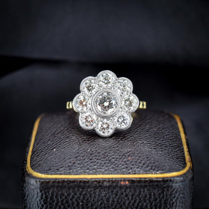 2.0ct Diamond Daisy Cluster Halo 18ct Yellow Gold and Platinum Ring | Antique Style