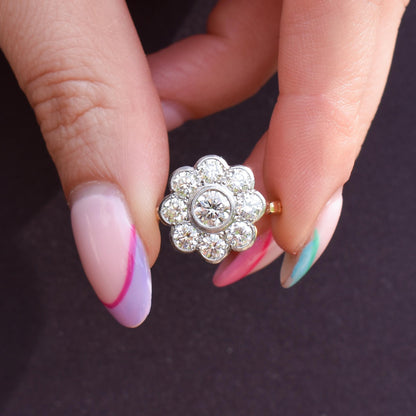 2.0ct Diamond Daisy Cluster Halo 18ct Yellow Gold and Platinum Ring | Antique Style