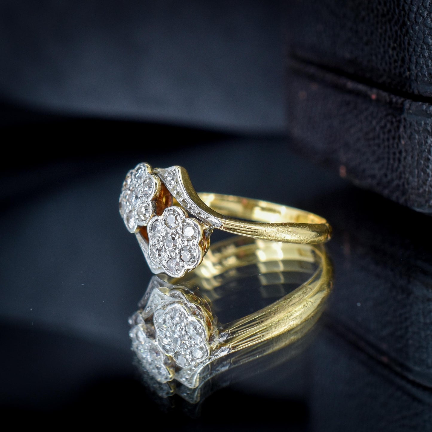 Antique Diamond Cluster Flower Daisy 18ct Gold Double Twist Ring