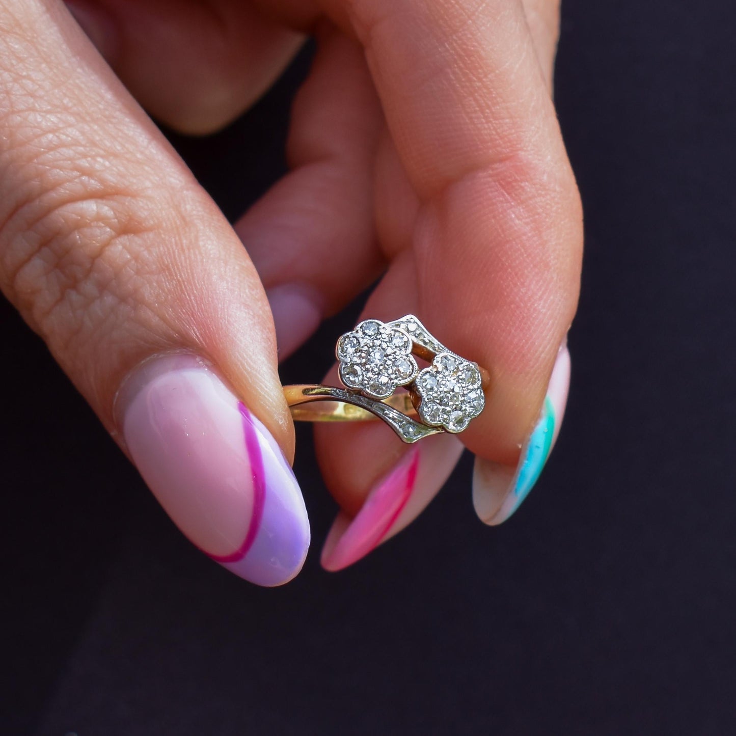 Antique Diamond Cluster Flower Daisy 18ct Gold Double Twist Ring