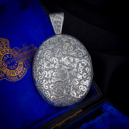 Antique Victorian Sterling Silver Oval Engraved Photo Locket Pendant