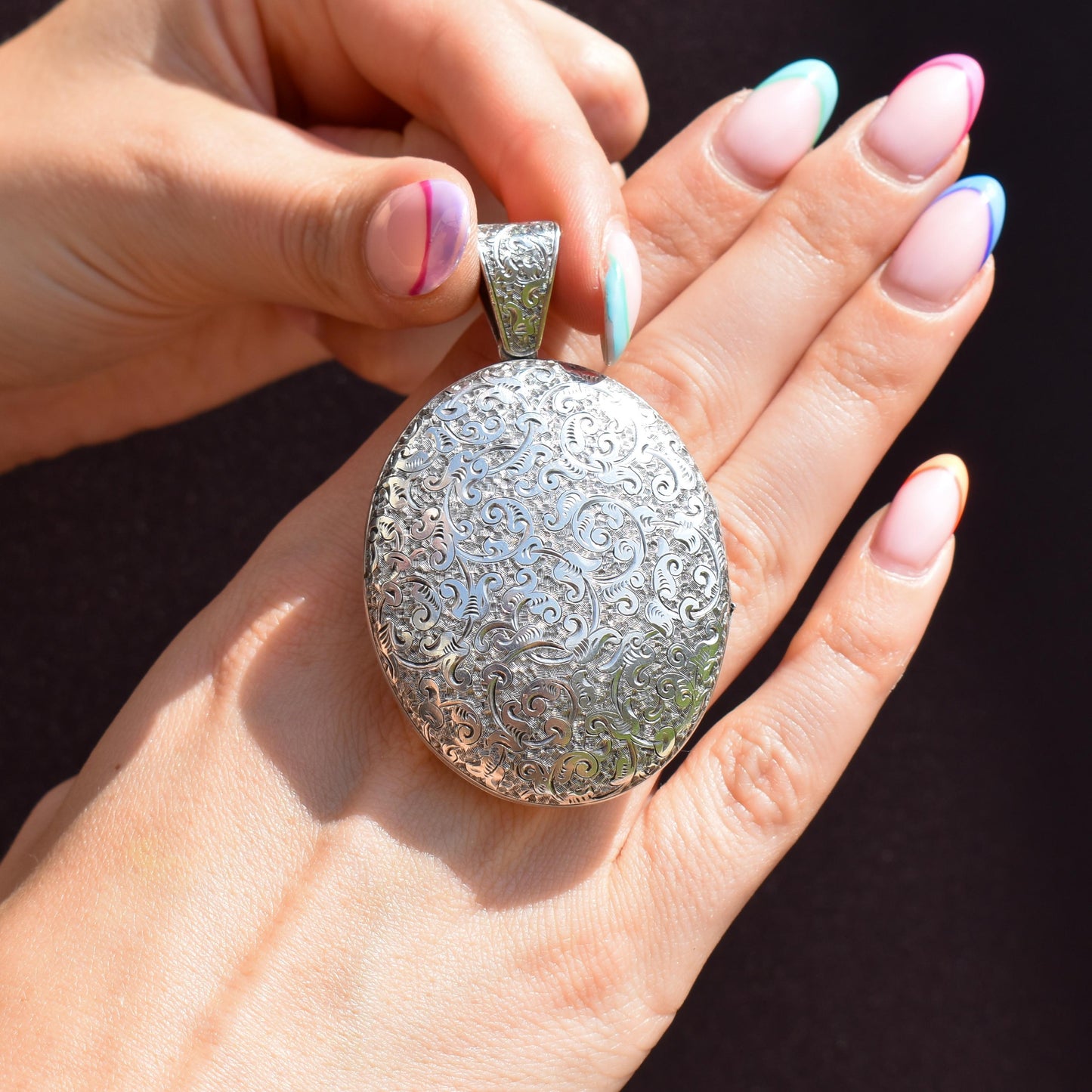 Antique Victorian Sterling Silver Oval Engraved Photo Locket Pendant