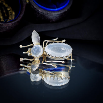 Antique Moonstone Silver Bug Insect Brooch Pin | Victorian