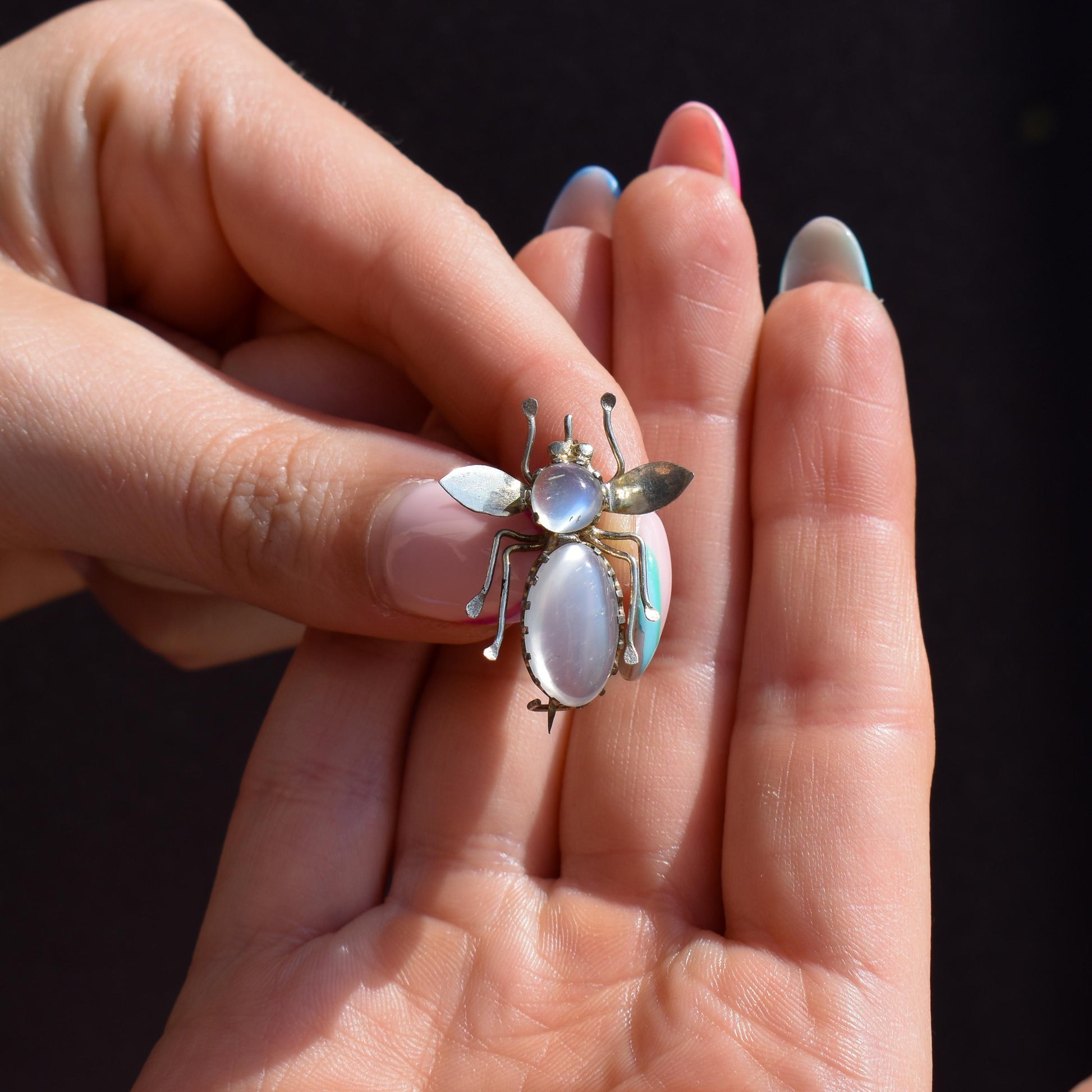 Antique Moonstone Silver Bug Insect Brooch Pin | Victorian