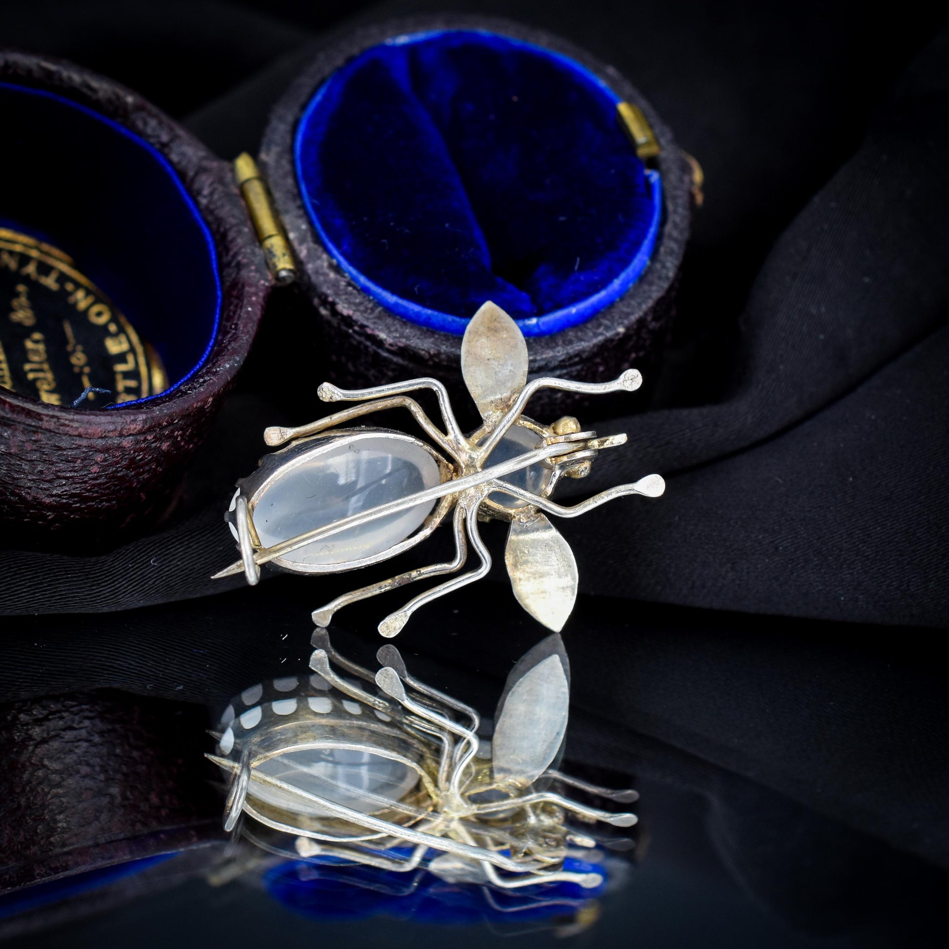 Antique Moonstone Silver Bug Insect Brooch Pin | Victorian