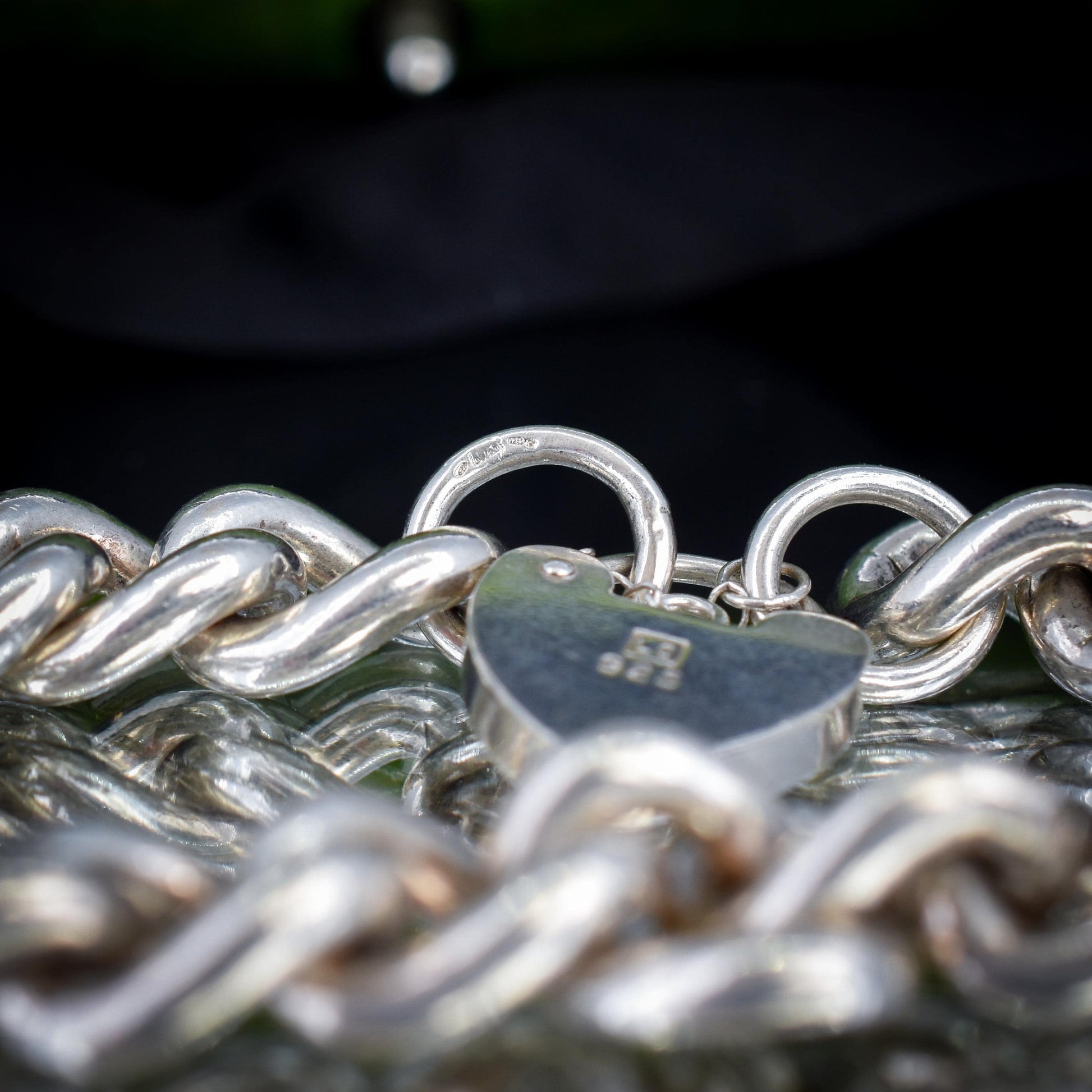 Vintage Heavy Chunky Heart Padlock Sterling Silver Curb Bracelet 7"
